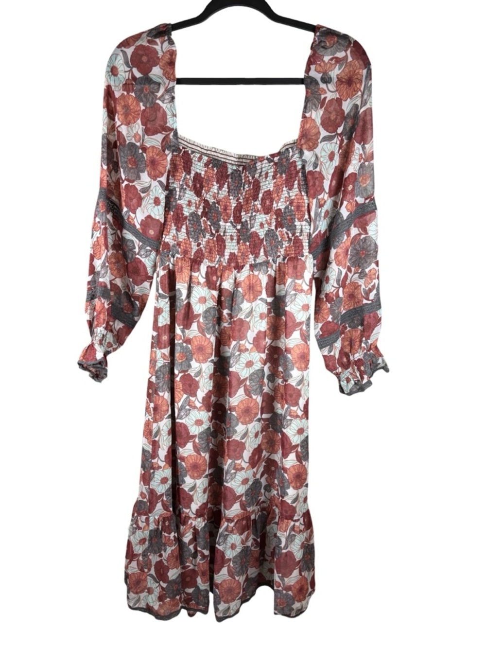 Aritzia Wilfred Grace Smocked Midi Dress Birch Floral Sienna Red S Cottagecore - Picture 5 of 15